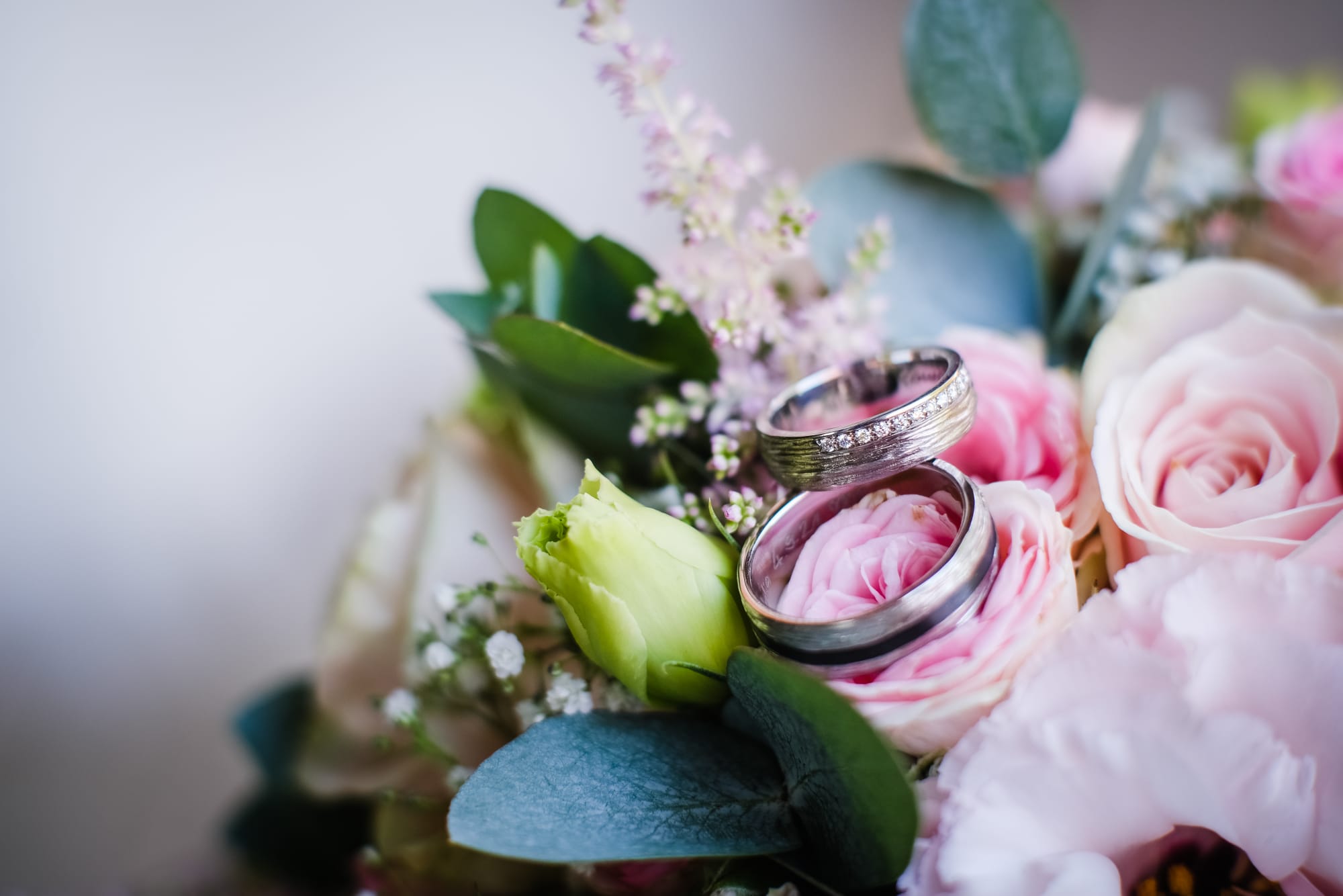 Ringe auf Rosen für eine Hochzeit.