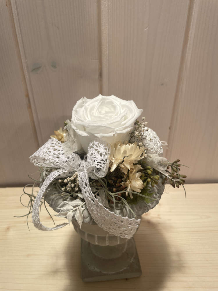 Eine weisse getrocknete Rose und ein Mäscheli