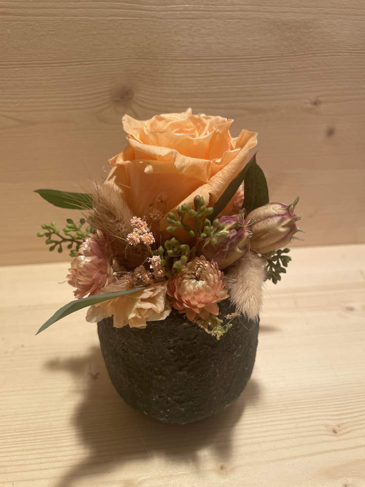 stabilisierte Rose in peach, in einem Topf ausgarniert